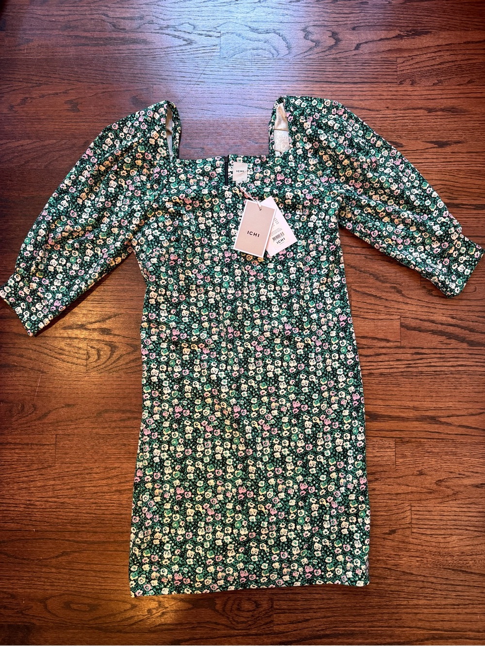 ICHI Green Floral Puff-Sleeve Square Neck Dress